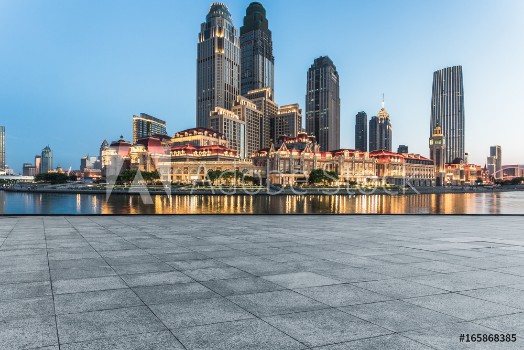 Bild på Tianjin city waterfront downtown skyline with Haihe riverChina